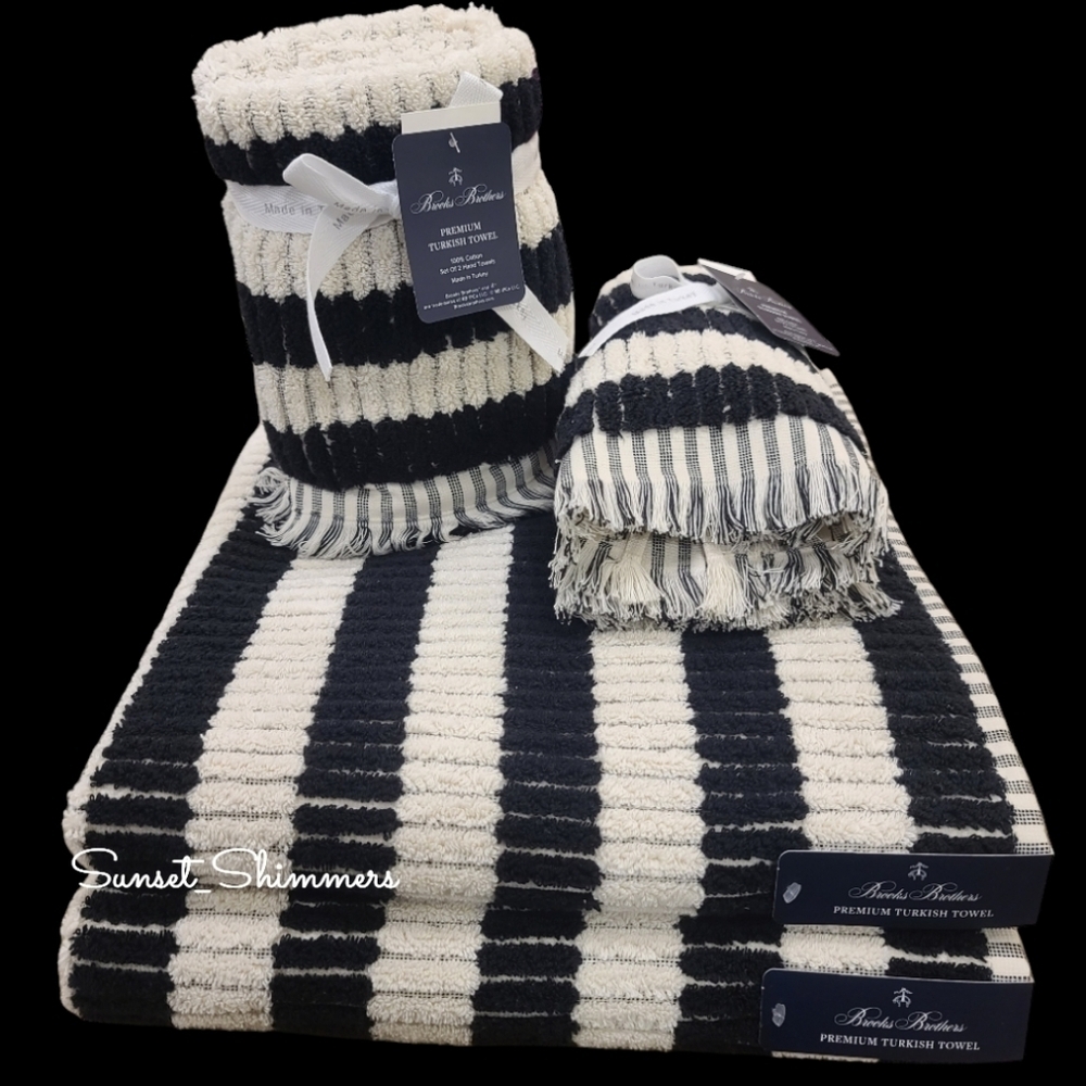 6pc BROOKS BROTHERS Black & Cream Mosaic Tile THICK PLUSH TURKISH Towel Set New - Picture 7 of 7